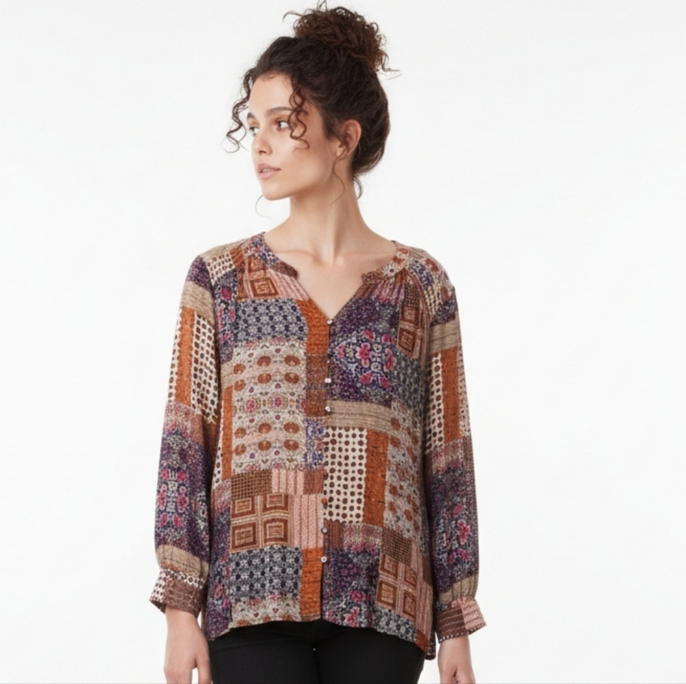 Rose + Olive, Patchwork Multicolored Rayon Button… - image 1